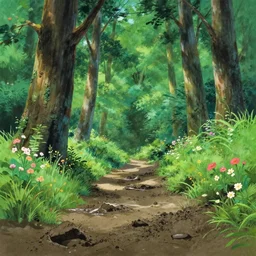 deep muddy forest on a sunny day walkway panorama, blooming, very traditional gouache painting gouache by makoto shinkai miyazaki disney pixar kyoto animation