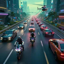 motorcycles and cars on a cyberpunk tron legacy highway, dense traffic, helicopter chase.