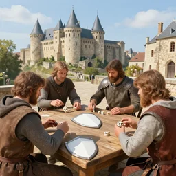 medieval people playing dieces in city of carcassonne, there are few plain white shield on the same table they are using to play dices by stanley artgerm lau, wlop, rossdraws, frank frazetta, andrei riabovitchev, marc simonetti, tranding on artstation