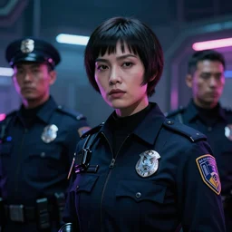 film still of closeup beautiful futuristic police squad in blade runner 2 0 4 9, cinematic, moody, gritty neon noir by emmanuel lubezki