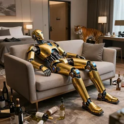 portrait photo of a shiny golden and blue metallic futuristic steampunk humanoid robot sleeping on a sofa in a modern hotel room, many bottles all over the floor, a tiger behind the door, messy, pressphoto, insanely detailed, wide shot