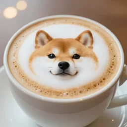 close up photo of a cup of coffee, the foam has a cute shiba inu face, tasty foam. food photography, photorealistic, beautiful, bokeh, 4 k.