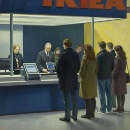 people waiting in line at the cash register at IKEA, Edward Hopper, oil painting