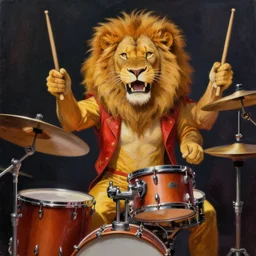 a painting of a lion in a superstar outfit playing the drums with great energy, by greg rutkowski, featured on artstation