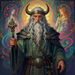 hyper detailed ultra sharp of a wise slavic druid trance man. trending on artstation, warpaint aesthetic, earthwave, colorful, psychedelic, ornate, intricate, digital painting, concept art, smooth, sharp focus, illustration, art by artgerm and greg rutkowski and alphonse mucha, 8 k