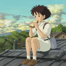 a girl sitting on the roof of a building eating a sandwich, zoomed out, art by hayao miyazaki, studio ghibli film, hi res, 4k, high detail