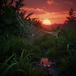 lush green vegetation covered in spiderweb, ground - level view, puddles of water, stunning volumetric lighting, sunset, trending on artstation, 8 k, photorealistic, hyper detailed, unreal engine 5, cinematic, epic lighting, cryengine, octane render, cyberpunk, red and orange glow, dark, gloomy