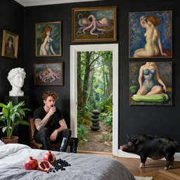 artistic bedroom with black walls and several paintings, queer sculpture, emo artist eating blackberries, plants, a liminal doorway to nature, zen, black boots, pomegranate, a black pig, courgette, octopus, sensual surrealism, by monet and and rousseau and magritte