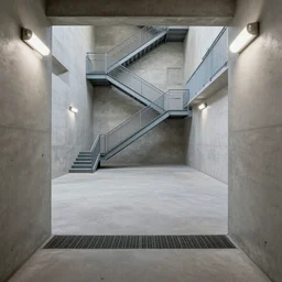 hallway opening into a huge empty room with concrete walls crossed by steel grating stairs and walkways and lit by sodium vapor lamps, photorealistic