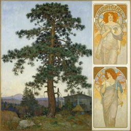 painting of a tall pine tree by artgerm and by alphonse mucha and by albert bierstadt