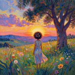 girl with flower afro, standing in a field with flowers, hills, big trees, sunrise dramatic light, impressionist painting, colorful clouds, digital painting, pointillism, artstation, simon stalenhag