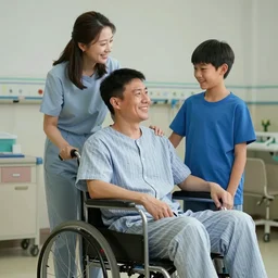 a male patient in a wheelchair in the hospital with his wife and son standing by. happy, cheerful, smiling, intricate, face enhance, sharp focus, cinematic lighting, 8 k, art by greg rutkowski, william adolphe bouguereau