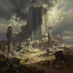 a painting of a sci - fi fi fi fi fi fi fi fi fi fi, a detailed matte painting by jason a. engle, cgsociety, fantasy art, apocalypse landscape, matte painting, apocalypse art