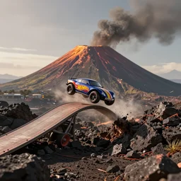 a hot wheels car flying off a ramp over an interrupting volcano