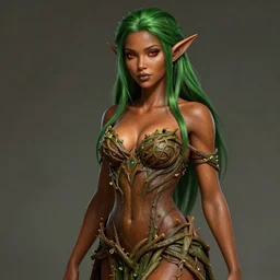 beautiful wood elf, female, green hair, brown skin, red eyes, ornamental dress made of branches, high fantasy, sensual, extremely detailed, smooth, sharp focus, digital illustration, by rossdraws, wlop, artgerm, masterpiece