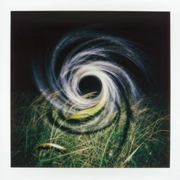 vivid washes of color. contrast of light and dark. cinematic spangled cosmic polaroid. brocken spectre. It is dark all around. The wind and light making dramatic whorls and spiral patterns of shadow and light in the grass. blinding silver, viridescent, at play. spangled night time photography.