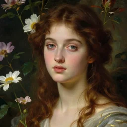 Pre-Raphaelite goddess of nature in the style of John William Godward, close-up portrait, in focus, flowers and plants,