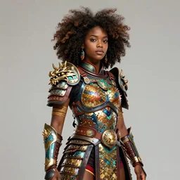 african warrior princess, inspired by yara shahidi with an afro, wearing colorful dragon armor, inspired by artstation and artgerm, character concept art by larry elmore