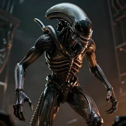 concept art by greg rutkowski, the xenomorph king from aliens franchise, massive, muscular, agresive, uncanny and unsettling appearance, sharp foccus, dark atmosphere, cinematic lighting, sharp foccus, artstation hq.