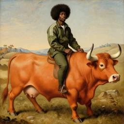 photograph of a black man with afro hair wearing an army green adidas jacket riding an orange colored bull!!, renaissance style painting