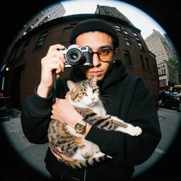 nyc rapper holding a cat, fish eye lens, 3 5 mm film camera