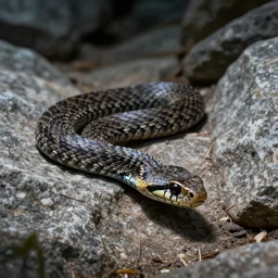 a common european viper in a granite rock, path, in avila mountains, european adder, viper head, 4 k, concept art, by wlop, ilya kuvshinov, artgerm, krenz cushart, greg rutkowski, pixiv. cinematic dramatic atmosphere, sharp focus, volumetric lighting, cinematic lighting, studio quality