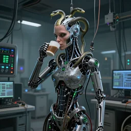 the upper torso of a terminator lady with borg implants, human face and robotic snakes coming out of her head. She is hanging from cables and wires off the ceiling of an abandoned computer lab and plugged into a quantum computer. Her bottom half is missing with cables hanging out. She is taking a sip from a cup of coffee. Tiny green led lights in her cybernetics. very detailed 8k. Horror style.