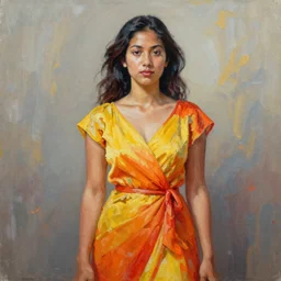 asiatic woman acrilic painting yellow orange and red dress