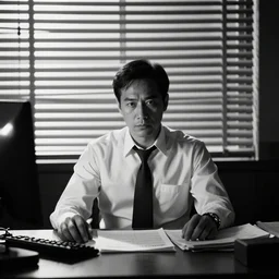 a cyborg private investigator sitting behind a desk, light falling through closed window shades, black and white noir