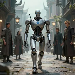 a portrait of a robot in the middle foreground walking in the street of an elven city by Greg Rutkowski, Sung Choi, Mitchell Mohrhauser, Maciej Kuciara, Johnson Ting, Maxim Verehin, Peter Konig, final fantasy , mythical, 8k photorealistic, cinematic lighting, HD, high details, atmospheric,