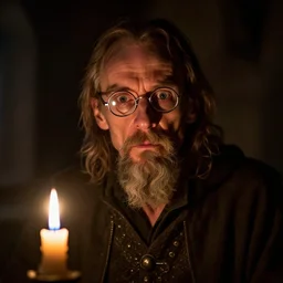skinny, cautious, paranoid! 7 0 years old alchemist ( ian mckellen with a long goatee and with scissor glasses ), looks scared in a medieval inn. close up, ( ( dark shadows ) ), colorful, candle light!, law contrasts, fantasy concept art by jakub rozalski, jan matejko, and j. dickenson