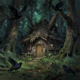 deep into the witchwood forest swamp, studio ghibli, crows, decay, hut,