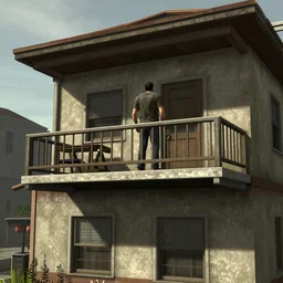 A government man from Half-life stands on the balcony of a two-story panel house and watches, graphics in the style of games on the source engine, game graphics