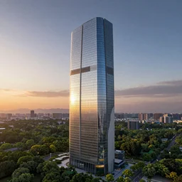 a stunningly detailed skyscraper designed by Zaha Hadid, surrounded by lush green forest, stunning volumetric lighting, sunset, metal, concrete, glass, stunning skies, trending on Artstation, 8k, photorealistic, hyper detailed, unreal engine 5, Rhinoceros 3D, IMAX quality, cinematic, epic lighting, in the style of Greg Rutkowski