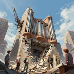 illustration a low angle view of a pipe organ skyscraper falling to ruin, by peter mohrbacher, by alex andreev, by jacek yerka, by alan lee, by vincent di fate, large depth of field, super detailed, digital art, trending on artstation