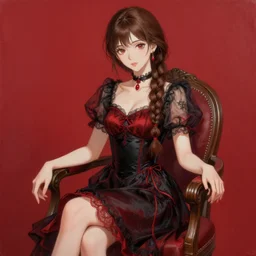 beautiful woman with braided brown hair, wearing an elegant dress, and sitting on a chair, highly detailed, painting, red and black color palette, intricate, high quality anime artstyle