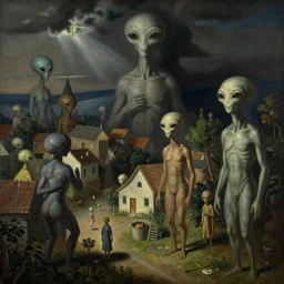 a village inhabited by extraterrestrial beings. painting by remedios varo.