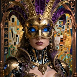 photo of a beautiful female steampunk half cyborg with a detailed splendid venician carneval mask, artwork by james jean, hyperdetailed realistic gold and purple metallic, the eyes glow blue, jean delville, art nouveau, gustav klimt, ornate copper patina gothic icon, james jean, ultrasharp hyperdetailed photorealistic octane render, long shot