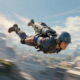 young engineer flying horizontally above the ground on a jetpack, long shot, motion blur, sharp focus, illustration, highly detailed, sci - fi, artstation, octane render, unreal engine,