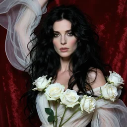 portrait of kate bush against a red velvet background, lush black hair, pale skin, white roses, flowing material, intricate, beautiful cinematic lighting, stunning painting by artgerm, caravaggio, android jones, wadim kashin