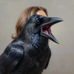 oil painting of a cackling crow that looks like kamala harris