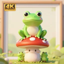 photo of a cute frog, sitting on top of his cute mushroom friend, various poses, soft light, faded colors, well framed, sharp focus, 8 k