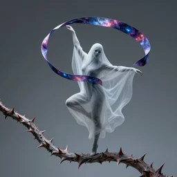 the ghost of a fairy is ribbon dancing on a spikey vine, the ribbon is colored like a nebula, ultra realistic, concept art, intricate details, highly detailed, photorealistic, octane render, 8 k, art by greg rutkowski