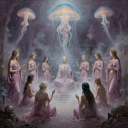A painting of priestesses worshipping at the jellyfish temple, shrouded in mist, jellyfish god, 8K, illustration, by Gustave Dore and Greg Rutkowski, smoke, cinematic, insanely detailed and intricate, hypermaximalist, elegant, super detailed, award-winning, mauve and cyan, mysterious, ancient, ritual, ethereal, trending in cgsociety, artstation HQ, ornate, elite, haunting, matte painting