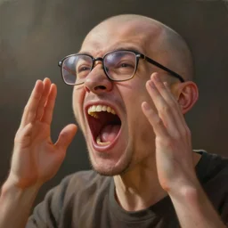 soyboy screaming!!!, mouth wide open!!!, excided!!!, partly bald!!, square glasses!!, small beard!!, hyperrealistic, highly detailed, cinematic, volumetric sunlight, beautiful, cgssociety, artstation, 8 k, oil painting by greg rutkowski, by artgerm, by wlop
