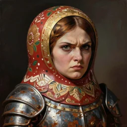 the Russian godess matryoshka looking angry, rusty armor, portrait, by Donato Giancola