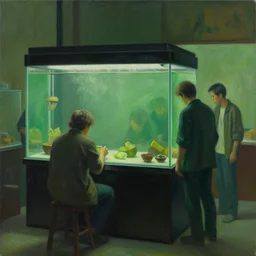 an aquarium in an asian restaurant by, tim hildebrandt, wayne barlowe, bruce pennington, trending on artstation, cinematic composition, simple detail. greenish lighting,, 8 k, oil on canvas