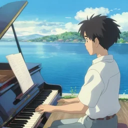 Anime blue water with piano, far away, landscape, scenery, Cushart Krenz, Shinkai Makoto, by Lluluchwan, lots of details, highly detailed, 4k, full piano