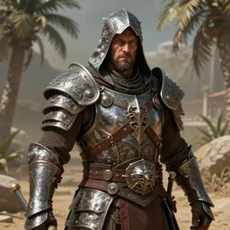 unknown the elder scrolls vi hammerfall, battle hardened imposing male redguard character portrait partially clothed in hooded metal - plated exquisitely detailed hooded battle armour, desert, tropical, atmospheric lighting, painted, intricate, volumetric lighting, beautiful, rich deep colours masterpiece, sharp focus, ultra detailed