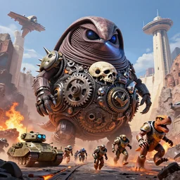 pixar sarlacc kaiju cyborg demons running dinosaurs atat googly eyes, military tank fury road iron smelting pits space marines, highly detailed cinematic scifi render of 3 d sculpt of spiked gears of war skulls, military chris foss, john harris, hoover dam'aircraft carrier tower'beeple, warhammer 4 0 k, halo, halo, mass effect